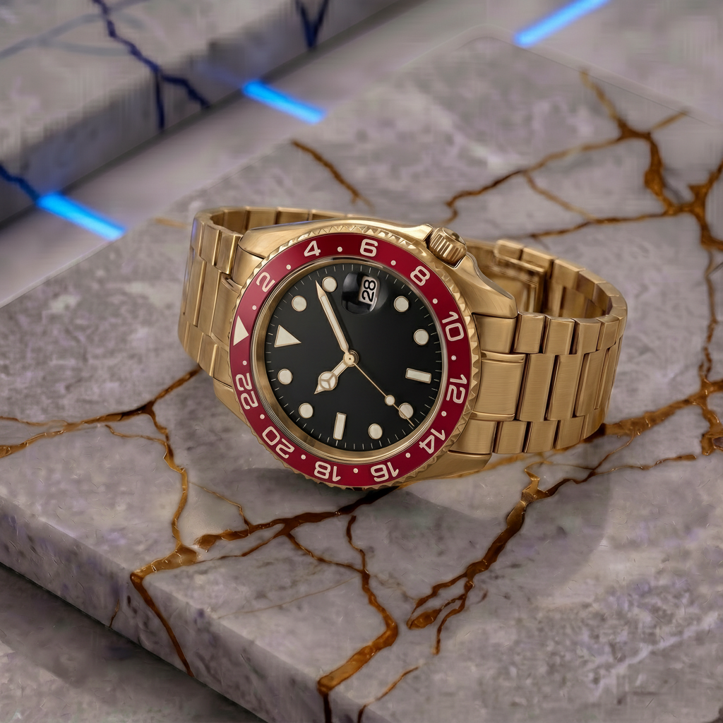 Pergor Navex RED Gold – automatic watch, stainless steel case and bracelet