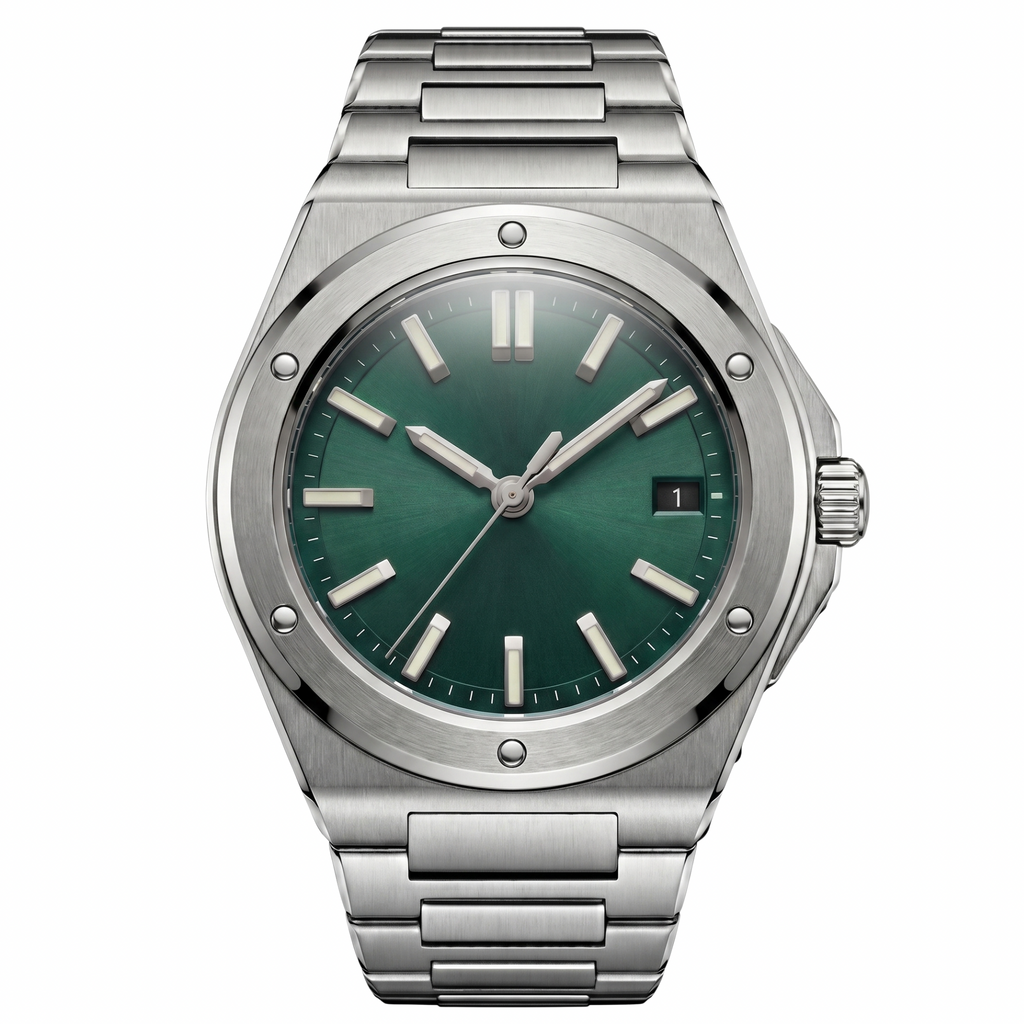 Pergor Valtor Green Steel – automatic watch, stainless steel case and bracelet