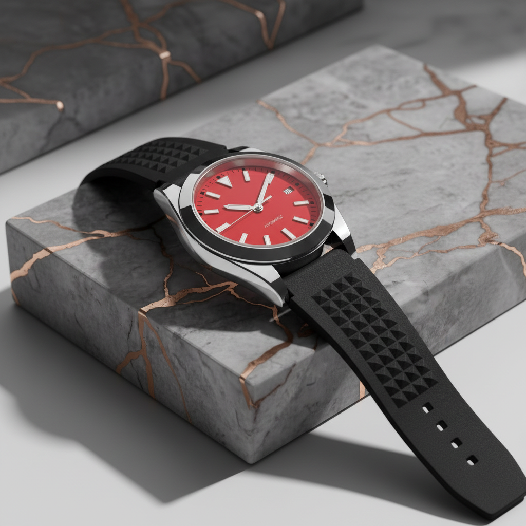 Pergor Veyra RED Rubber – automatic watch, stainless steel case and bracelet