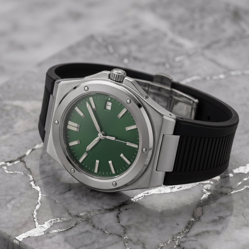 Pergor Valtor Green Rubber – automatic watch, stainless steel case and bracelet