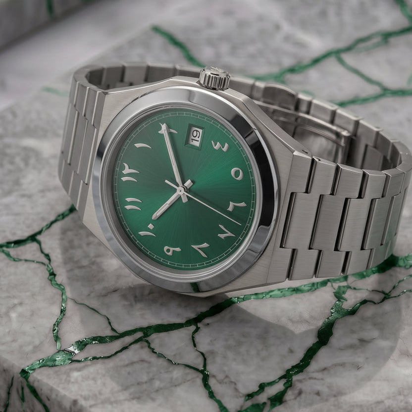 Pergor Tolaris Arabic Green Silver – automatic watch, stainless steel case and bracelet