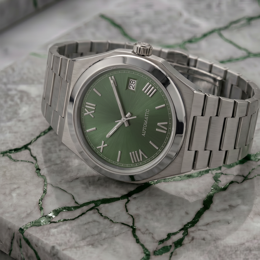 Pergor Tolaris Olive Steel – automatic watch, stainless steel case and bracelet