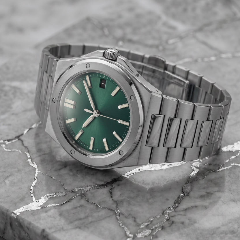 Pergor Valtor Green Steel – automatic watch, stainless steel case and bracelet